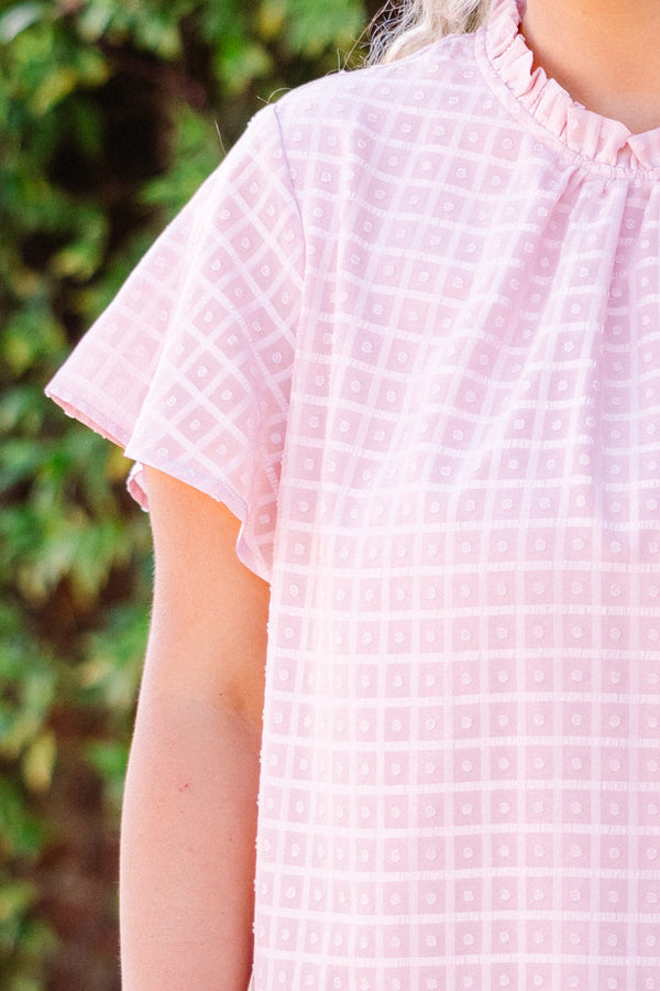 Chic Soul plus size clothing,  short-sleeve pink high-neckline layered top with smocked halter-neckline and geometric square plaid pattern