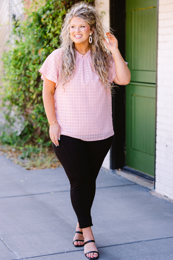 Chic Soul plus size clothing,  short-sleeve pink high-neckline layered top with smocked halter-neckline and geometric square plaid pattern