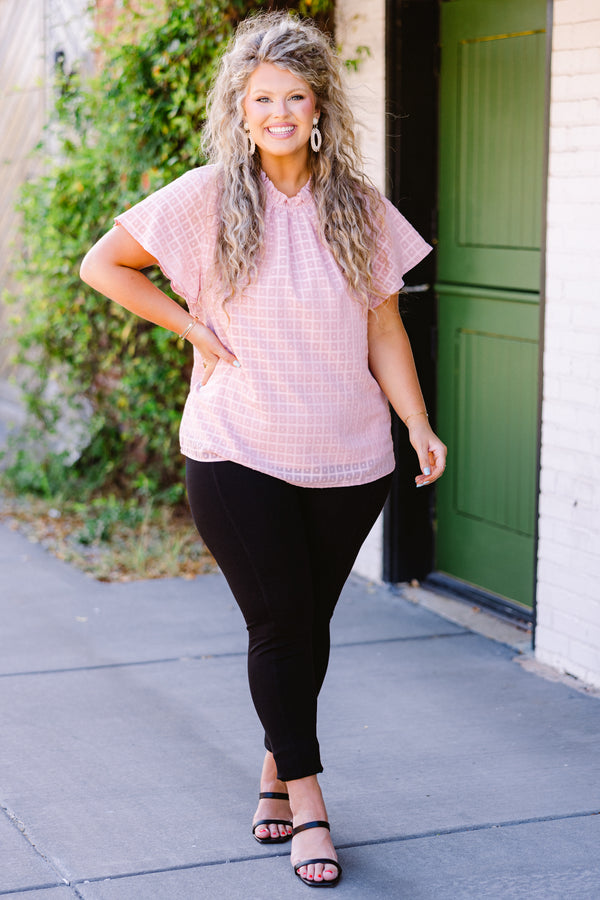 Chic Soul plus size clothing,  short-sleeve pink high-neckline layered top with smocked halter-neckline and geometric square plaid pattern