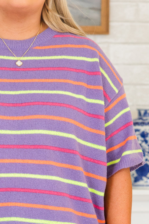 Chic Soul plus size clothing, short-sleeve purple crew neck sweater with multi-colored striped pattern