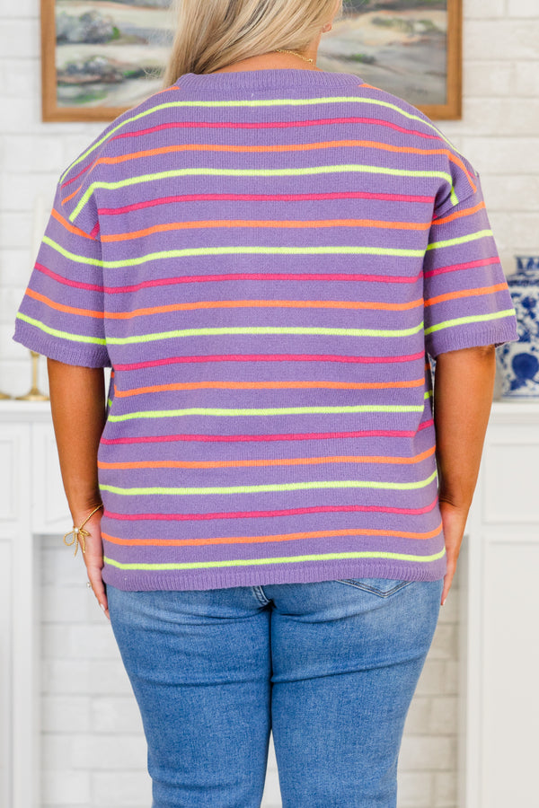 Chic Soul plus size clothing, short-sleeve purple crew neck sweater with multi-colored striped pattern