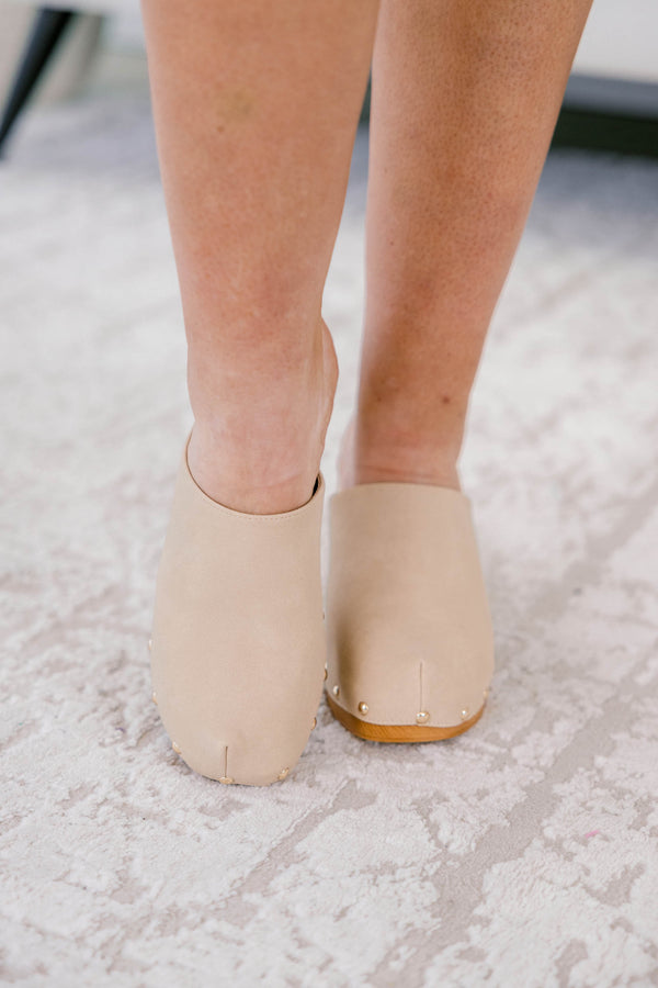 Chic Soul plus size clothing, light tan clogs with stud detailing and wooden soul and block heels 