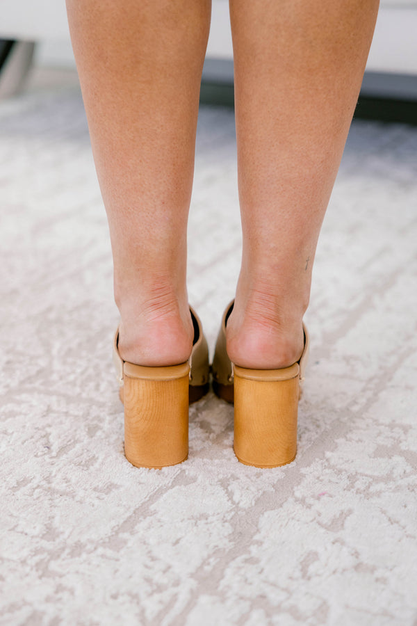 Chic Soul plus size clothing, light tan clogs with stud detailing and wooden soul and block heels 
