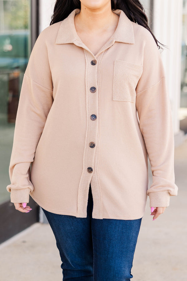 Chic Soul plus size clothing, taupe colored buttoned oversized top with a textured pocket