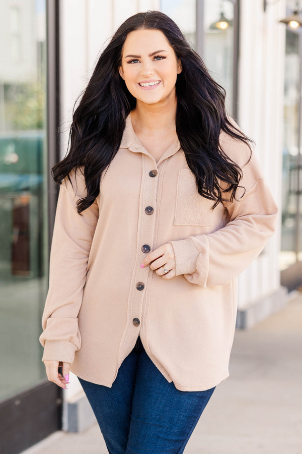 Chic Soul plus size clothing, taupe colored buttoned oversized top with a textured pocket