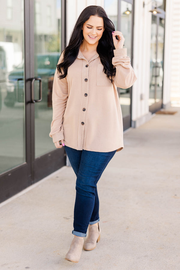 Chic Soul plus size clothing, taupe colored buttoned oversized top with a textured pocket