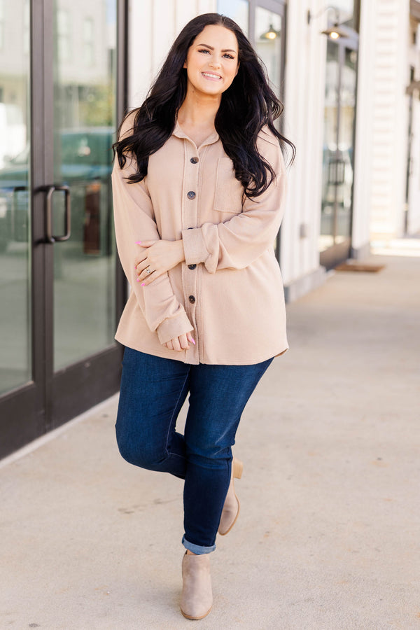 Chic Soul plus size clothing, taupe colored buttoned oversized top with a textured pocket
