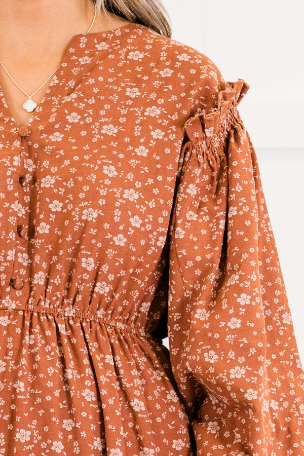 Chic Soul plus size clothing, long-sleeve rust orange floral midi dress with ruffled detailing and smocked waistline with v-neckline and  orange button details