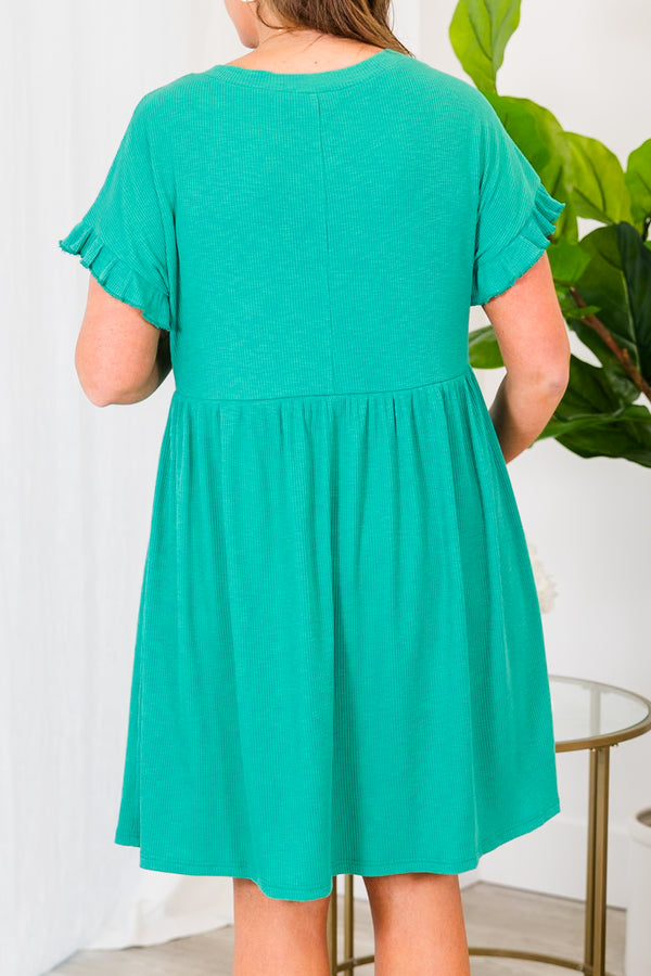 Chic Soul plus size clothing, green short sleeve mini dress with v neckline and ruffle detailing on sleeves