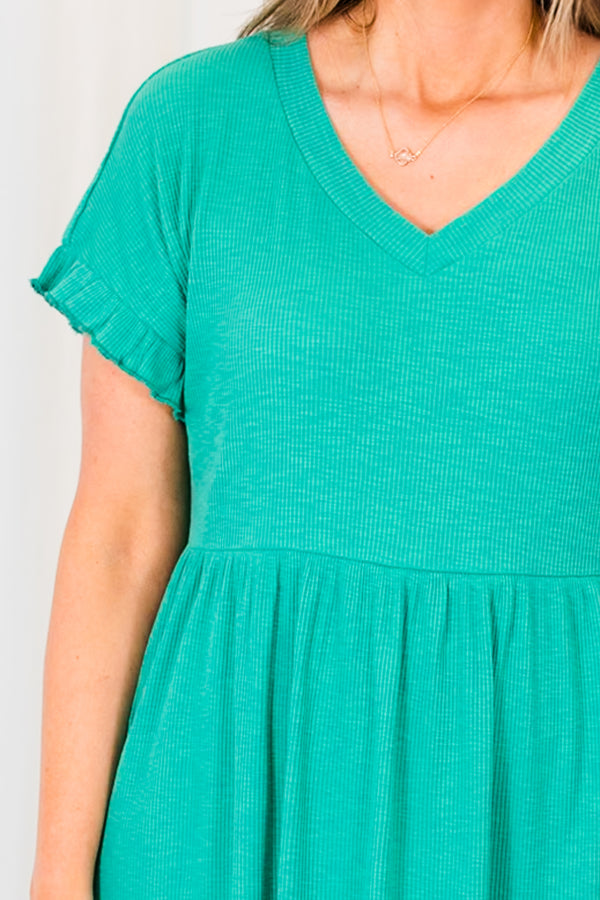 Chic Soul plus size clothing, green short sleeve mini dress with v neckline and ruffle detailing on sleeves