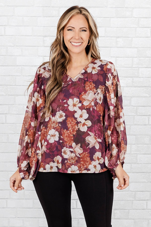Chic Soul plus size clothing, wine purple and white floral pattern top with bubble sleeves