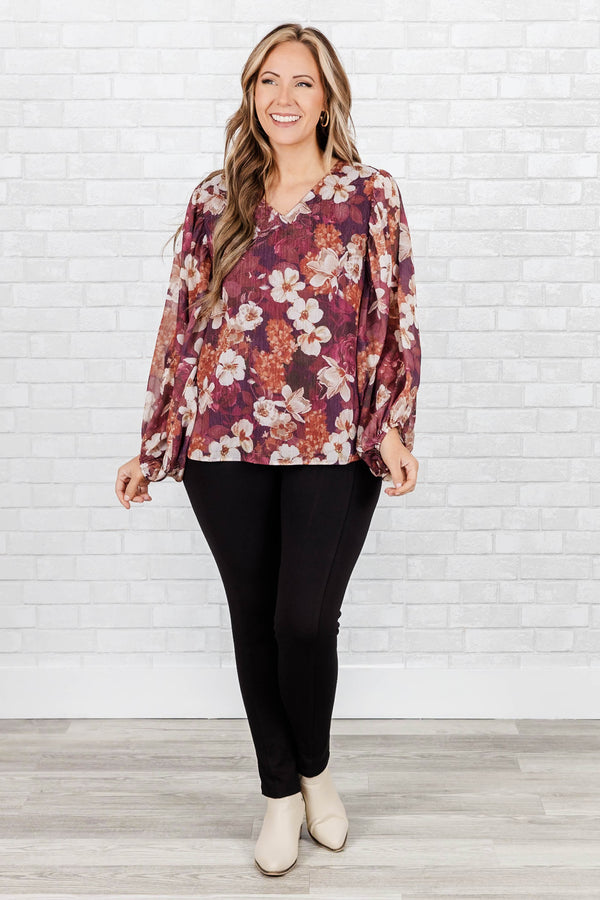 Chic Soul plus size clothing, wine purple and white floral pattern top with bubble sleeves