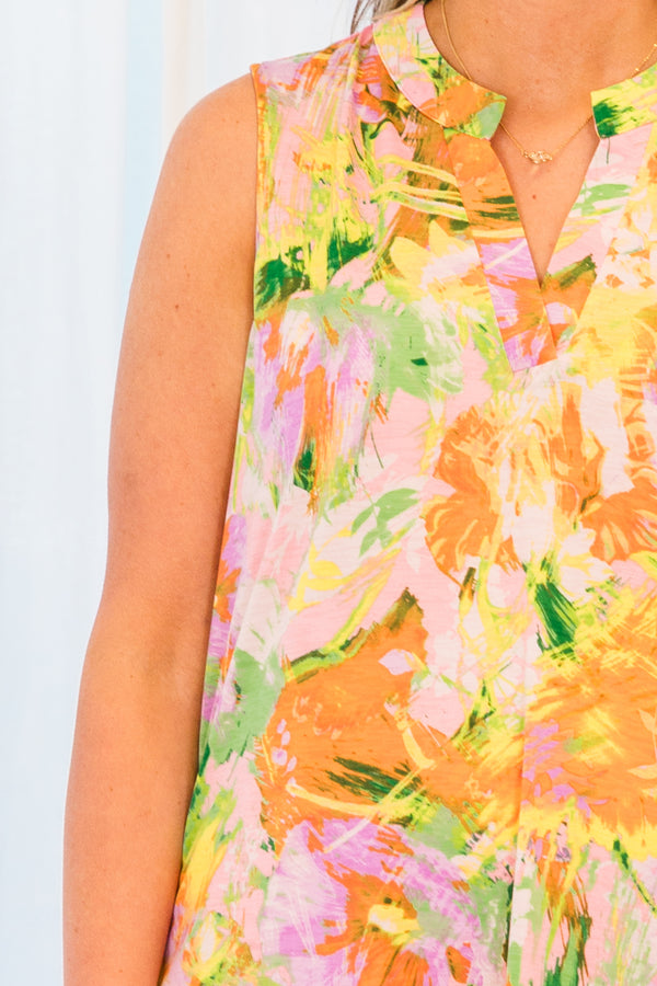 Chic Soul plus size clothing, pink dress with orange and multi colored floral print