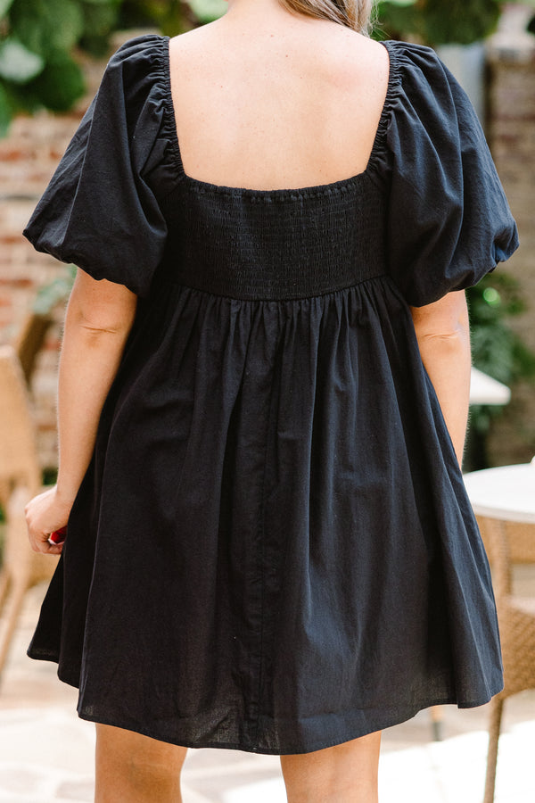 Chic Soul plus size clothing, black short sleeve mini dress with puff sleeves and white embroidered design along chest with square neckline