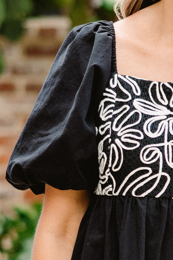 Chic Soul plus size clothing, black short sleeve mini dress with puff sleeves and white embroidered design along chest with square neckline