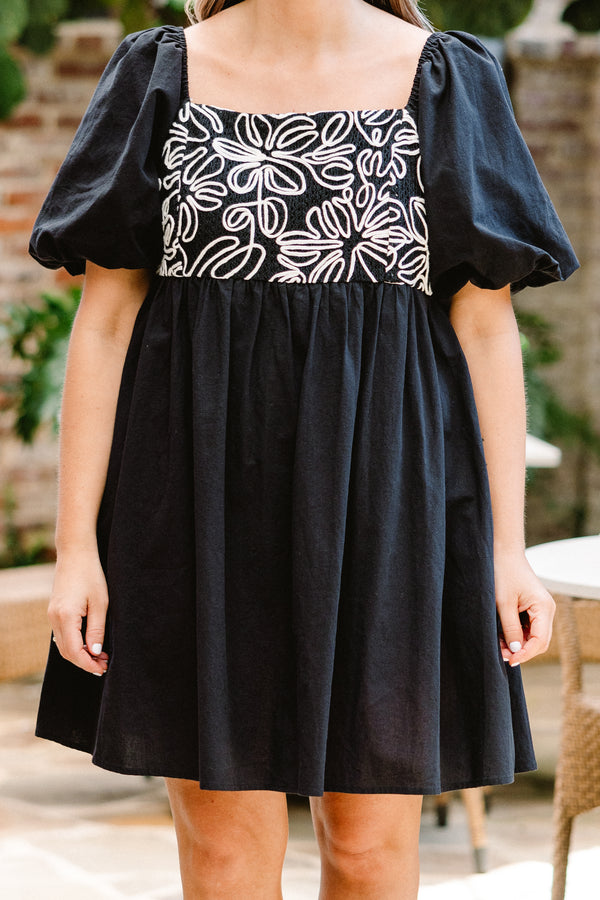 Chic Soul plus size clothing, black short sleeve mini dress with puff sleeves and white embroidered design along chest with square neckline