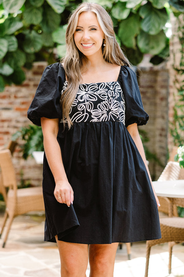 Chic Soul plus size clothing, black short sleeve mini dress with puff sleeves and white embroidered design along chest with square neckline