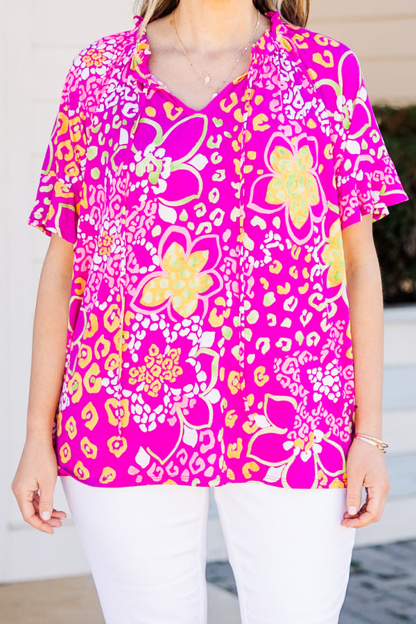 Chic Soul plus size clothing, magenta-pink floral and cheetah print top with short sleeves