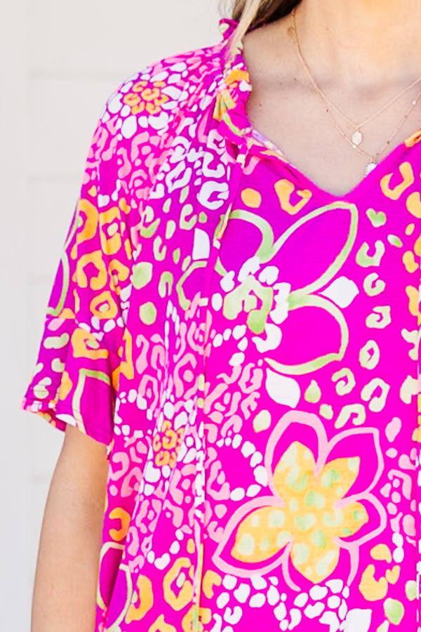 Chic Soul plus size clothing, magenta-pink floral and cheetah print top with short sleeves