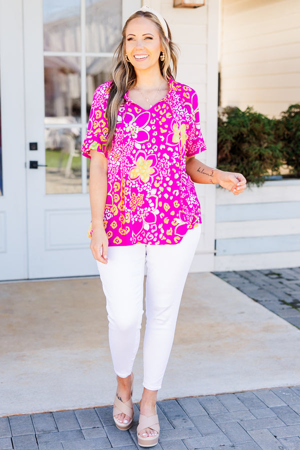 Chic Soul plus size clothing, magenta-pink floral and cheetah print top with short sleeves