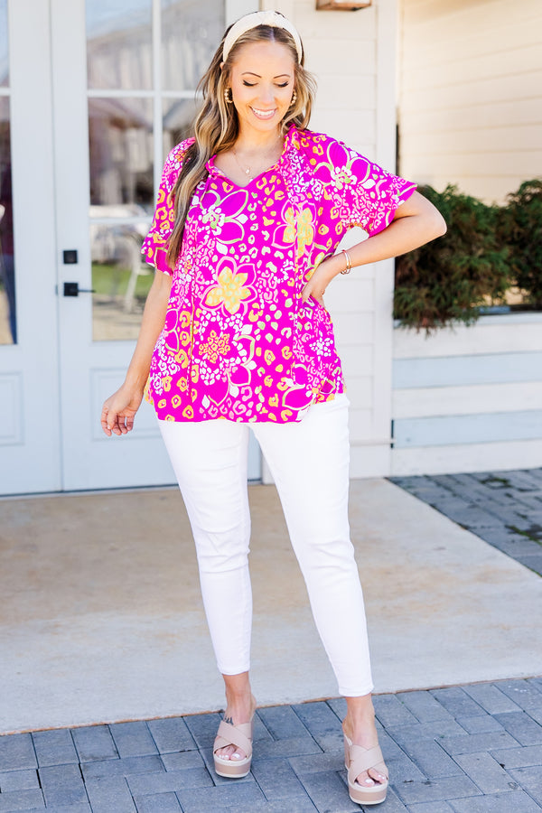 Chic Soul plus size clothing, magenta-pink floral and cheetah print top with short sleeves