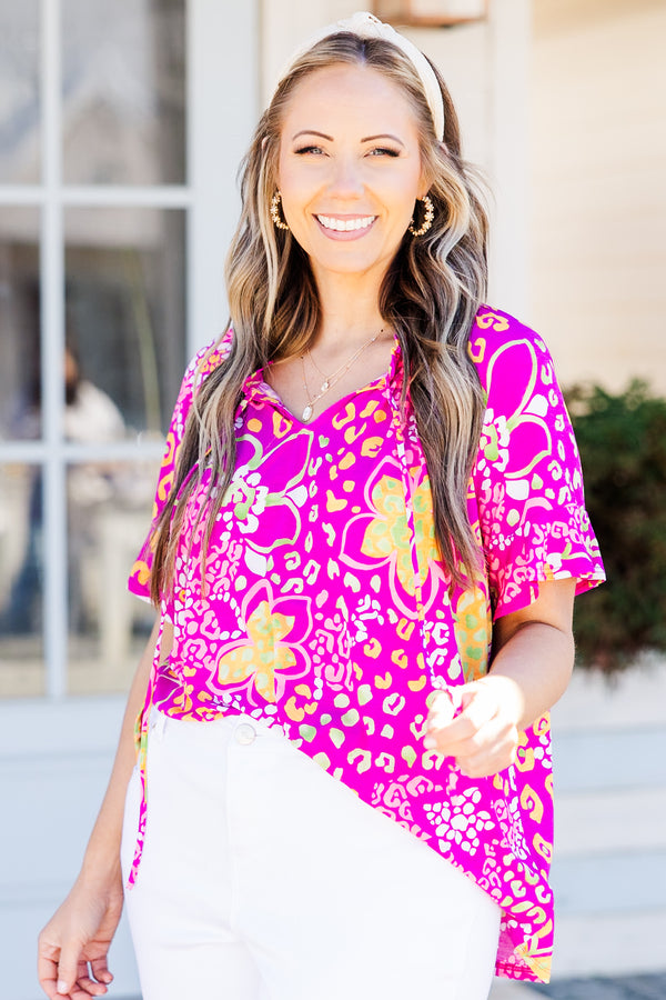 Chic Soul plus size clothing, magenta-pink floral and cheetah print top with short sleeves