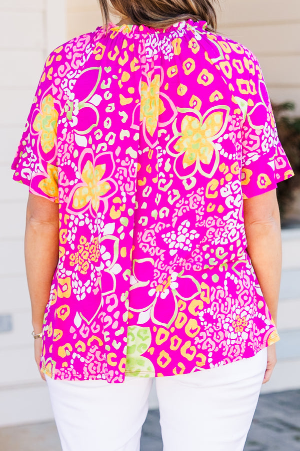 Chic Soul plus size clothing, magenta-pink floral and cheetah print top with short sleeves