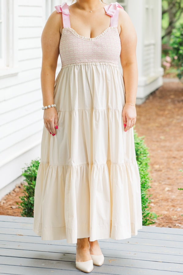 Chic Soul plus size clothing,  cream maxi dress with ruffles and pink ribbon ties on the shoulders 