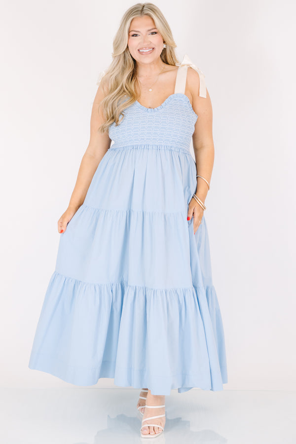 Plus Size ice blue ankle-length dress with a smocked bodice, ruffle trim, and wide ribbon straps.