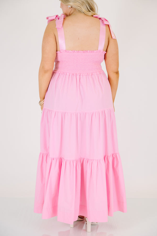 Chic Soul plus size clothing, pink sleeveless maxi dress with tiered detail with smocked top with scoop neckline with tie strap detail 