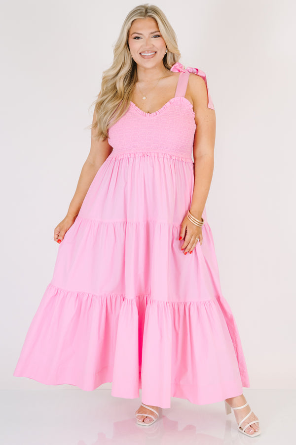Chic Soul plus size clothing, pink sleeveless maxi dress with tiered detail with smocked top with scoop neckline with tie strap detail 