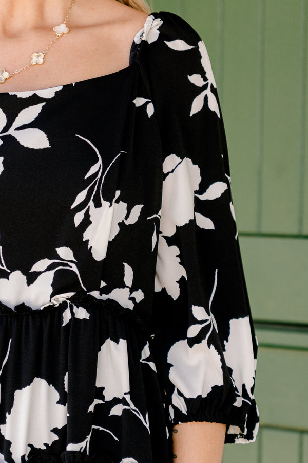 Chic Soul Plus size clothing, Black short baby doll dress with half sleeves, square neckline, and a white floral pattern throughout 
