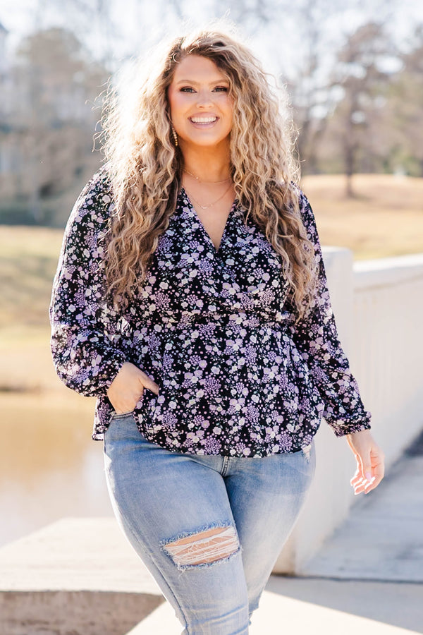 Chic Soul plus size clothing, black long sleeve top with purple floral print with v neck and tie waist
