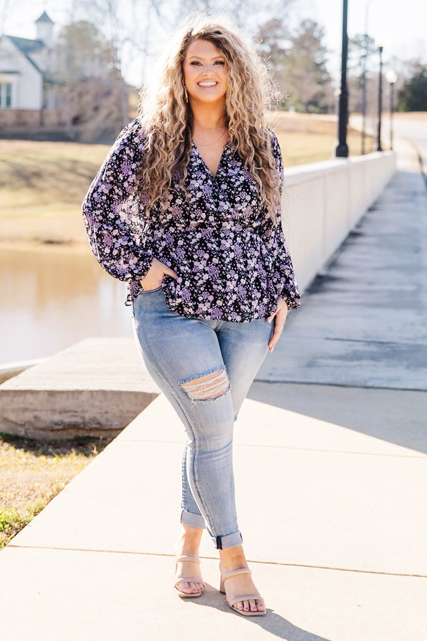 Chic Soul plus size clothing, black long sleeve top with purple floral print with v neck and tie waist