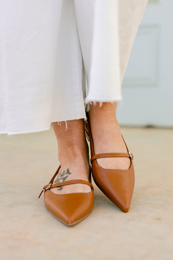 Chic Soul plus size clothing, camel pointed closed toe slingback flats with silver hardware buckle and strap along the front