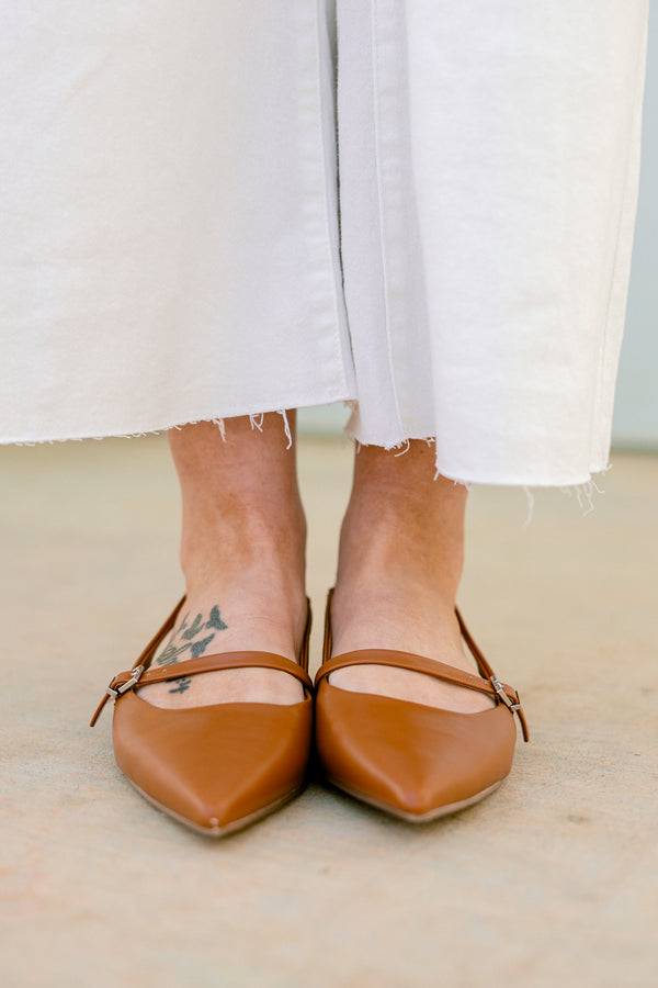 Chic Soul plus size clothing, camel pointed closed toe slingback flats with silver hardware buckle and strap along the front