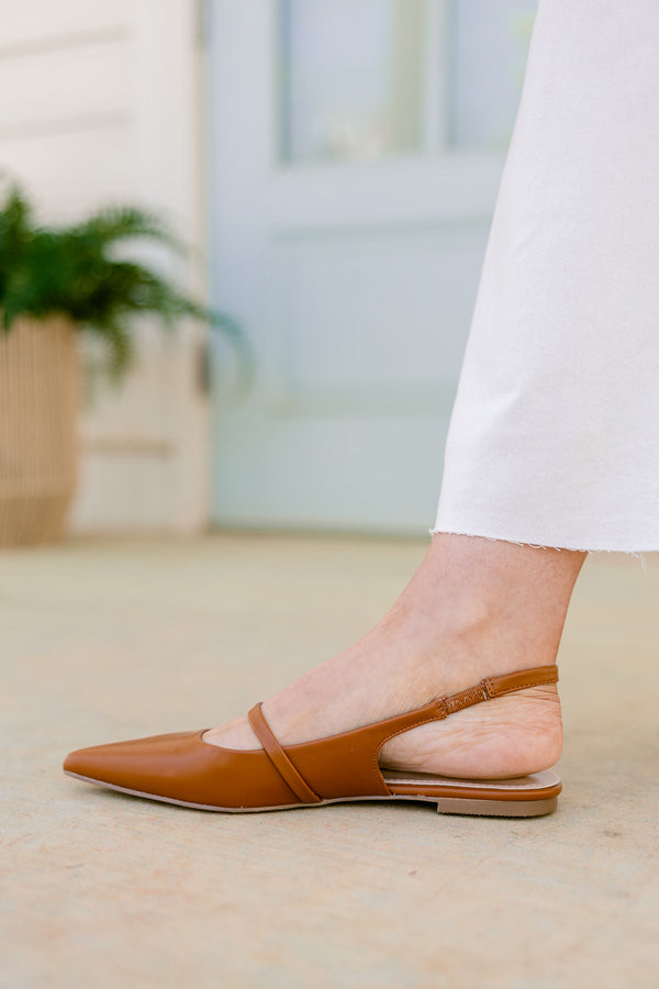 Chic Soul plus size clothing, camel pointed closed toe slingback flats with silver hardware buckle and strap along the front
