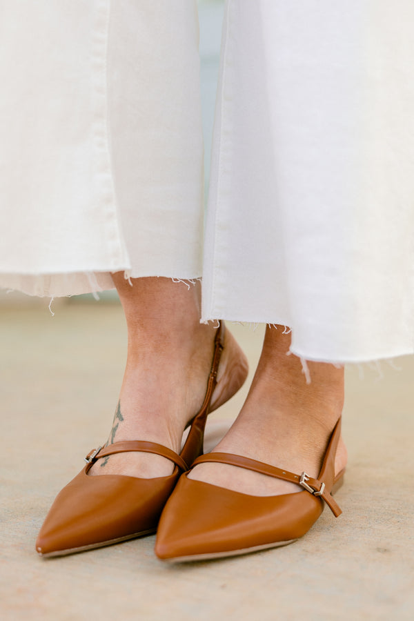 Chic Soul plus size clothing, camel pointed closed toe slingback flats with silver hardware buckle and strap along the front