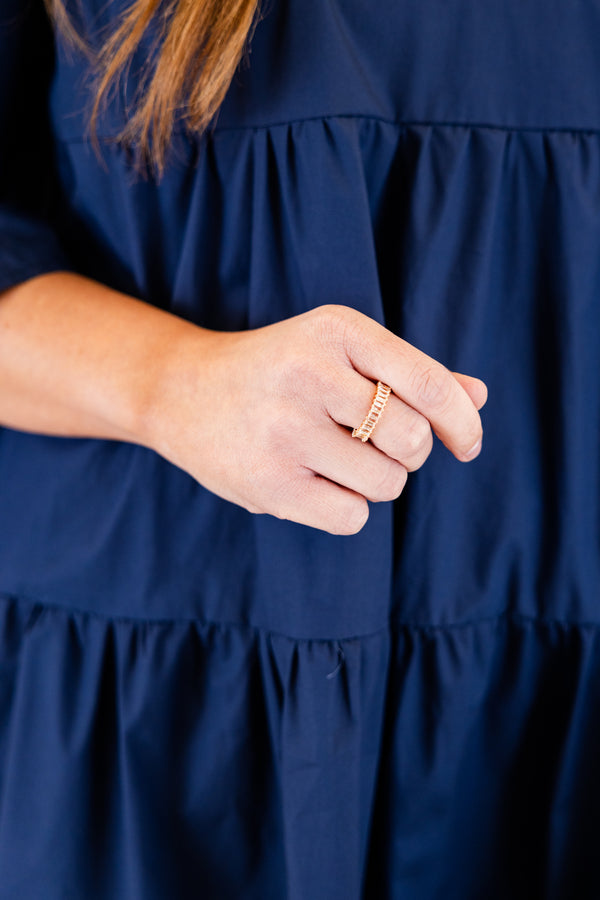Chic Soul plus size clothing, chunky gold ring with a row of rectangular gemstones set in an eternity band design 