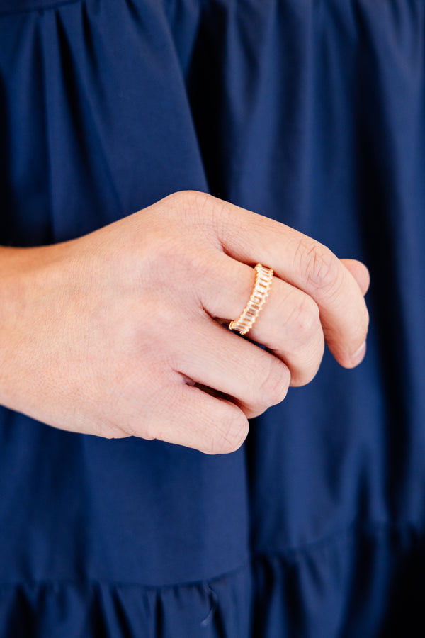 Chic Soul plus size clothing, chunky gold ring with a row of rectangular gemstones set in an eternity band design 