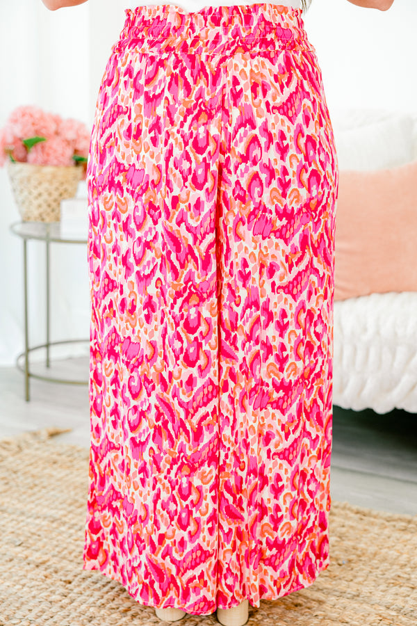 Chic Soul plus size clothing, magenta mix flowy pants with elastic cinched waistline 
