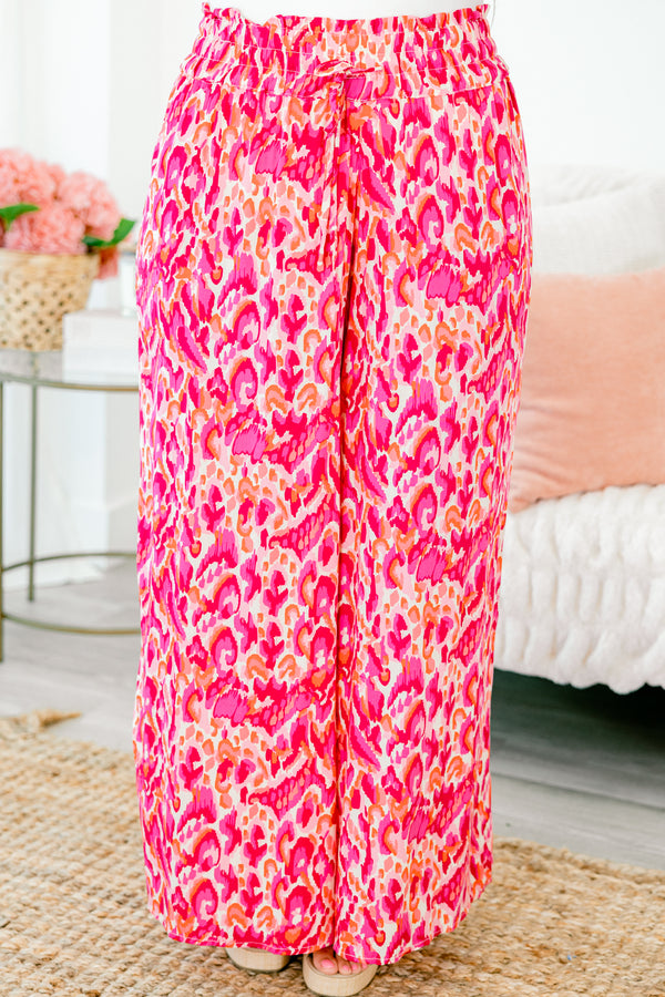 Chic Soul plus size clothing, magenta mix flowy pants with elastic cinched waistline 
