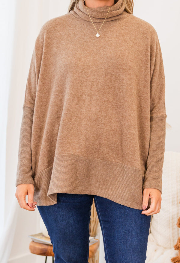 Chic Soul plus size clothing, mocha long sleeve heathered sweater with rolled turtleneck detail with ribbed band at the bottom
