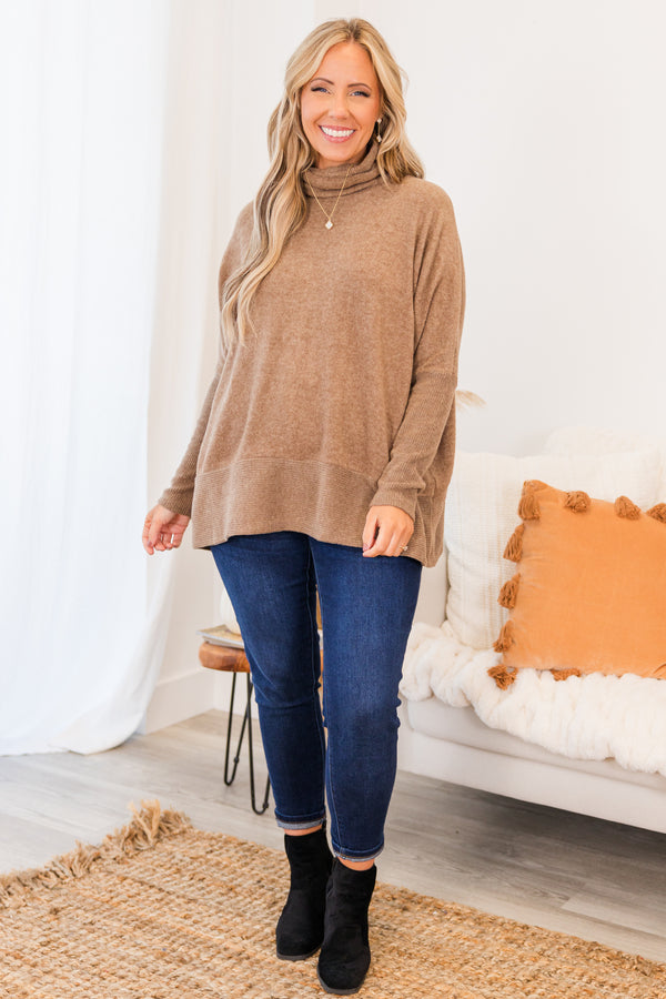 Chic Soul plus size clothing, mocha long sleeve heathered sweater with rolled turtleneck detail with ribbed band at the bottom