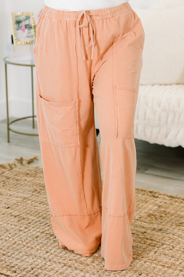 Chic Soul plus size clothing, apricot orange drawstring casual wide leg pants with pockets