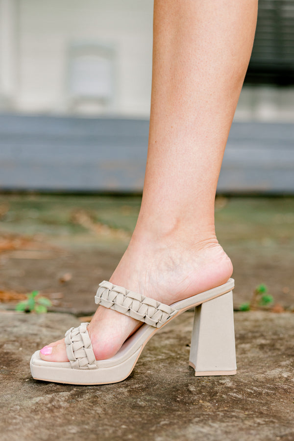 Chic Soul plus size clothing, taupe open-toed two woven strap block heels