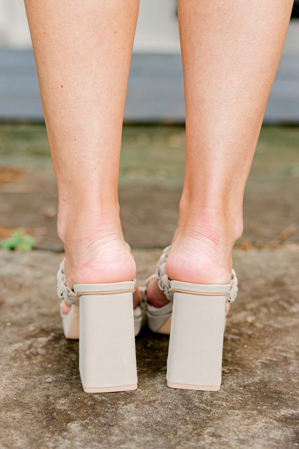 Chic Soul plus size clothing, taupe open-toed two woven strap block heels