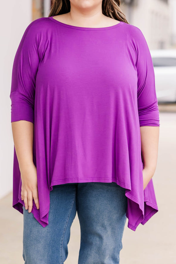 Chic Soul Plus size clothing, Bright purple top with high neck and long sleeves with flowy bottom.