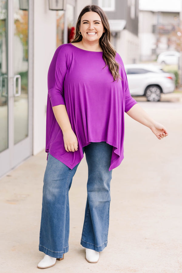 Chic Soul Plus size clothing, Bright purple top with high neck and long sleeves with flowy bottom.