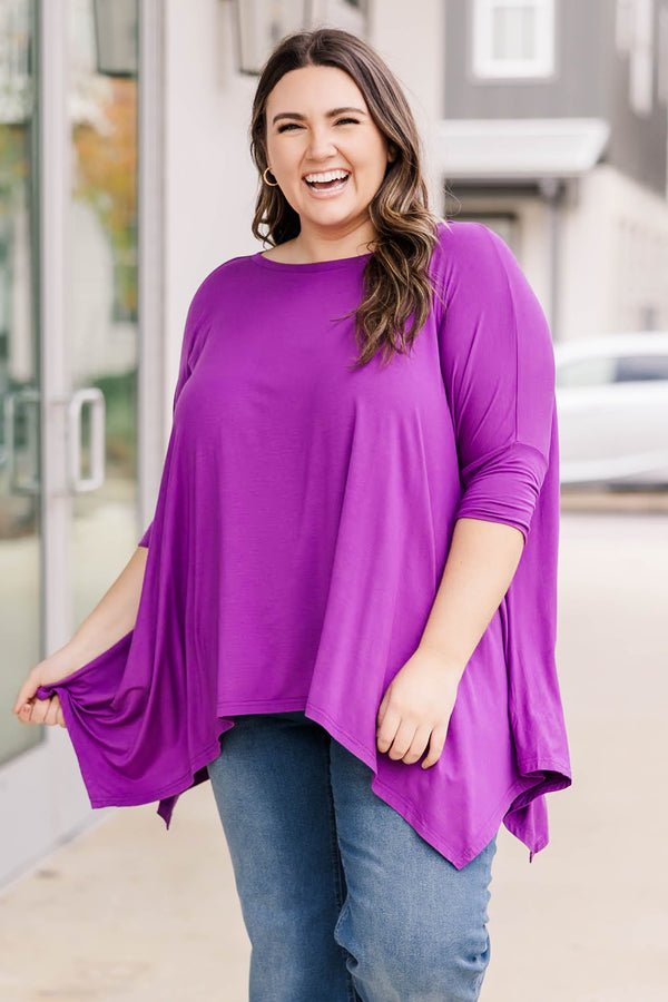 Chic Soul Plus size clothing, Bright purple top with high neck and long sleeves with flowy bottom.